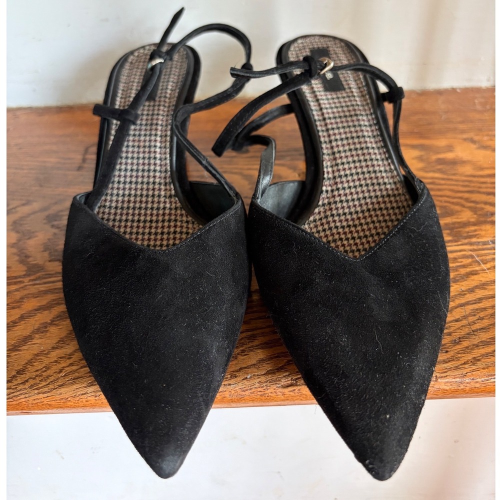 Vince Black Suede Slingback Kitten Heels Pointed Toe Houndstooth Insole Size 9M